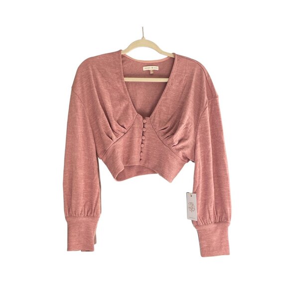 Crop Sweater Pink Long Sleeve Button Front Knit Top Crop Sweater Backyard Roses - Picture 2 of 3